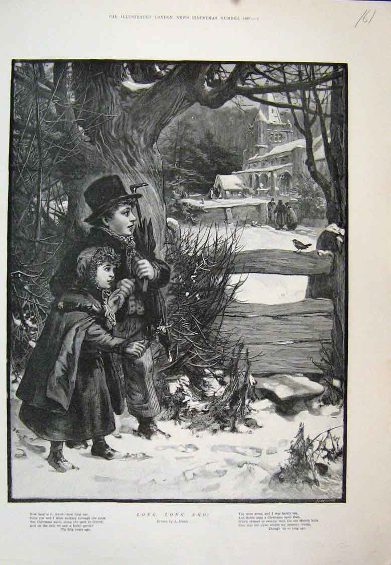 Original Old Antique Print Long Ago Children Remember Snow Church 1887 Victorian