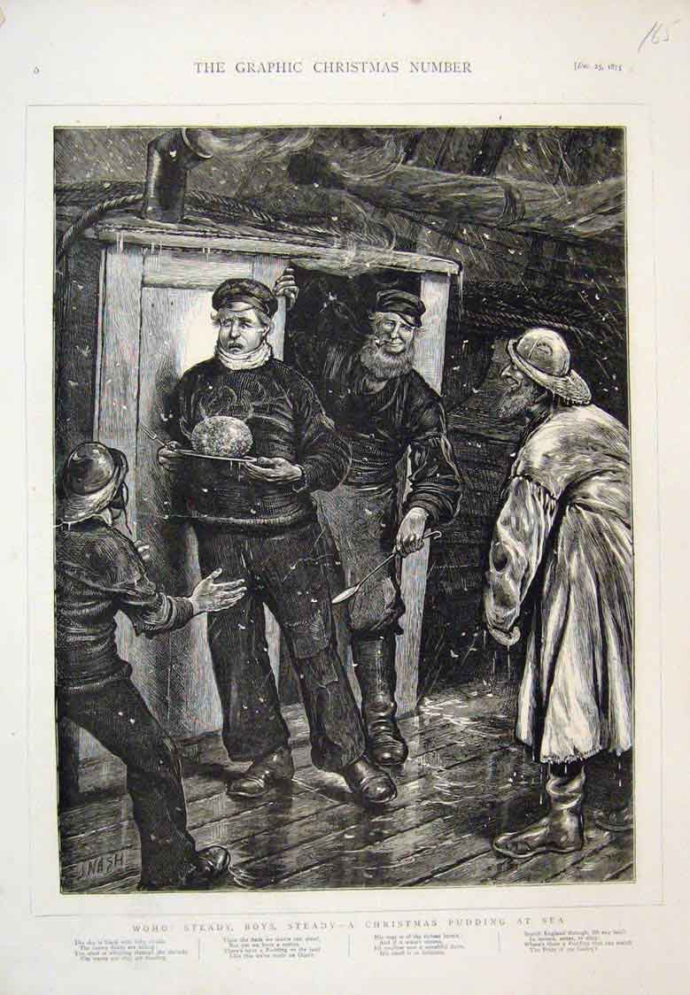Original Old Antique Print Christmas Pudding With Sea Legs 1875 19th