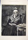 Original Old Antique Print Quiet Christmas Lady Book Asleep 1876 19th