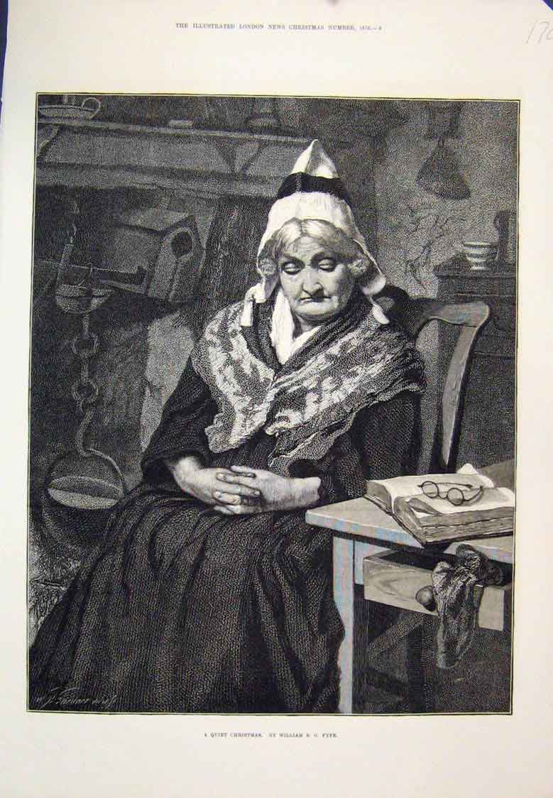 Original Old Antique Print Quiet Christmas Lady Book Asleep 1876 19th