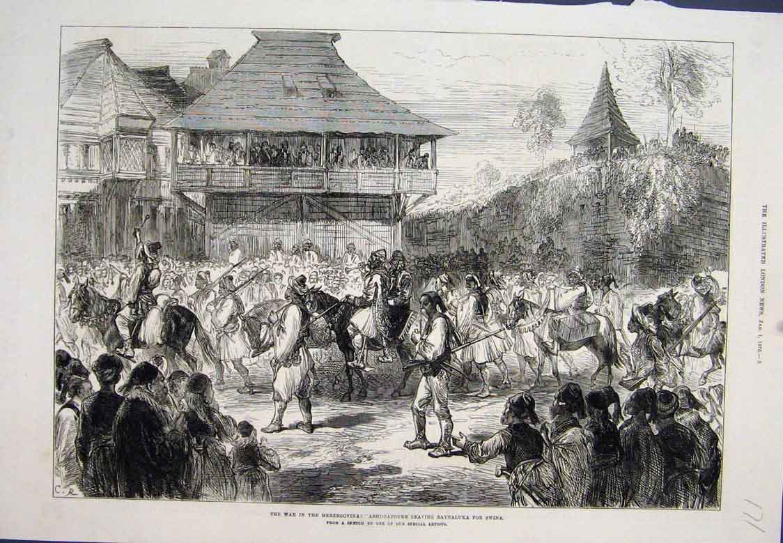Original Old Antique Print Herzegovina Ashi-Bazouks Baynaluka Swina 1876 19th