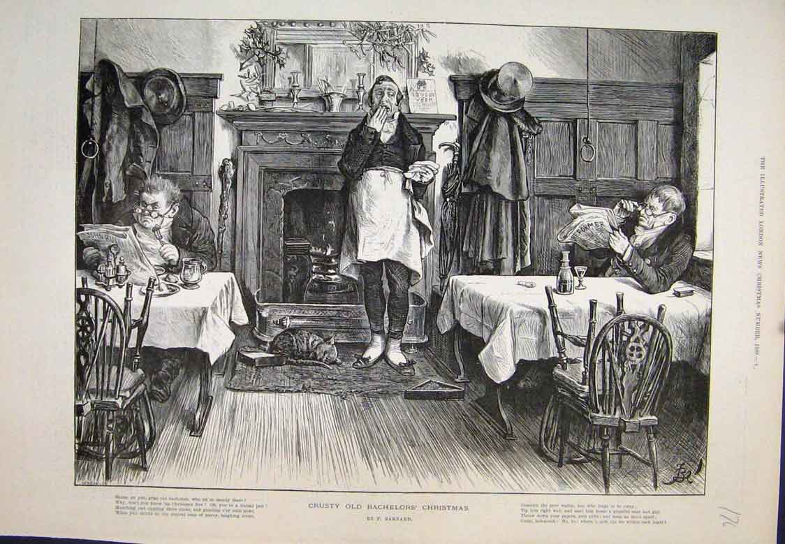 Original Old Antique Print Grumpy Bachelors Christmas Barnard 1889 Victorian