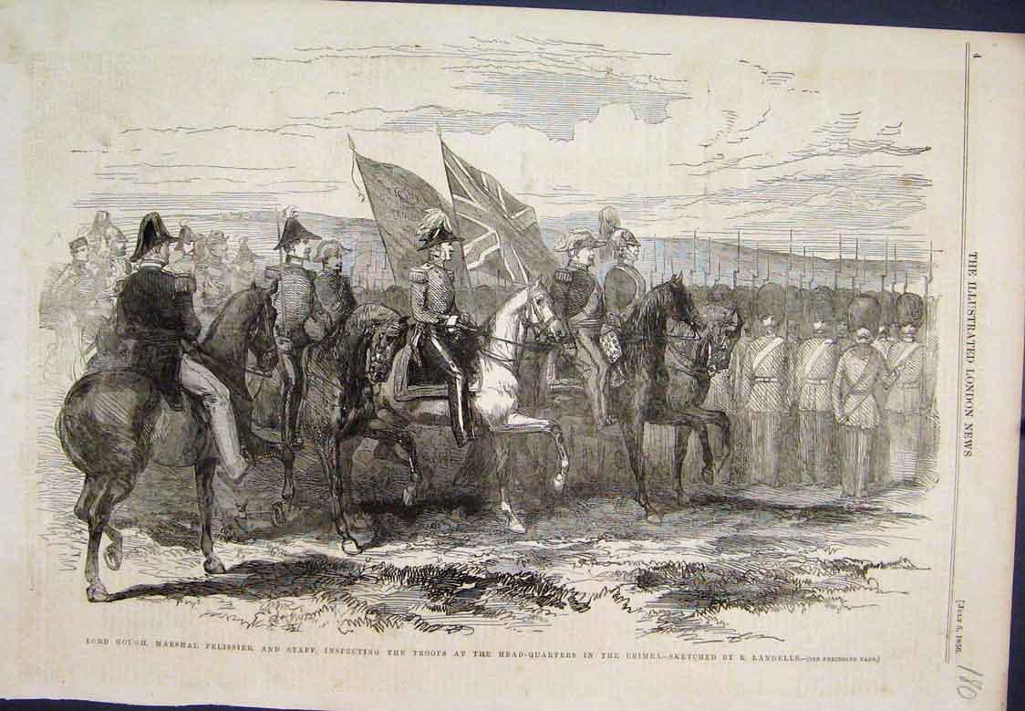 Original Old Antique Print Pelissier Inspecting Troops Crimea Landells