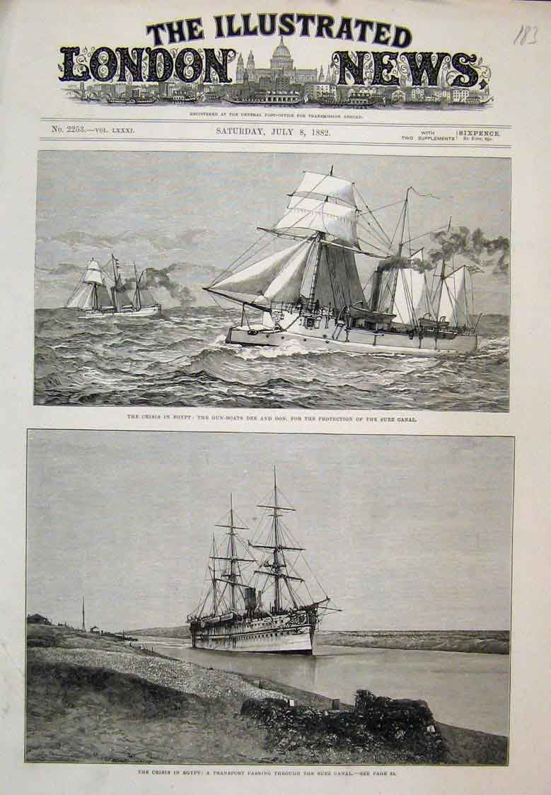 Original Old Antique Print Egypt Crisis Gun Boats Dee Don Suez Canal1882 19th