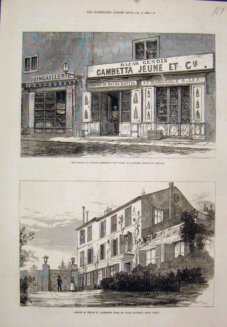 Original Old Antique Print Gambetta Born Cahors Died Ville D'Avray Paris1883
