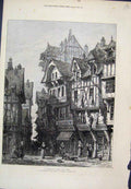 Original Old Antique Print Street In Rouen Normanday Tall Buildings 1872 19th