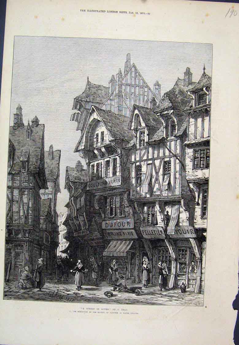 Original Old Antique Print Street In Rouen Normanday Tall Buildings 1872 19th