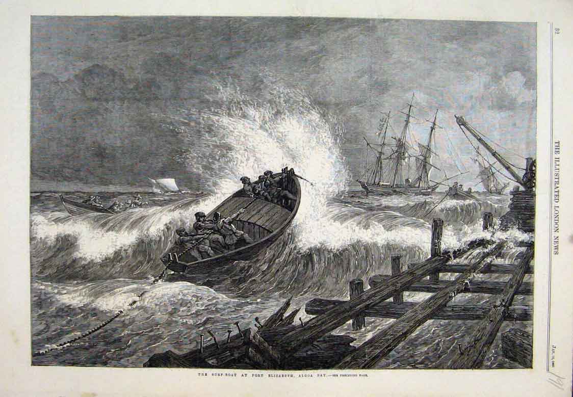 Original Old Antique Print Boat Fort Elizabeth Algoa Bay South Africa 1866 19th