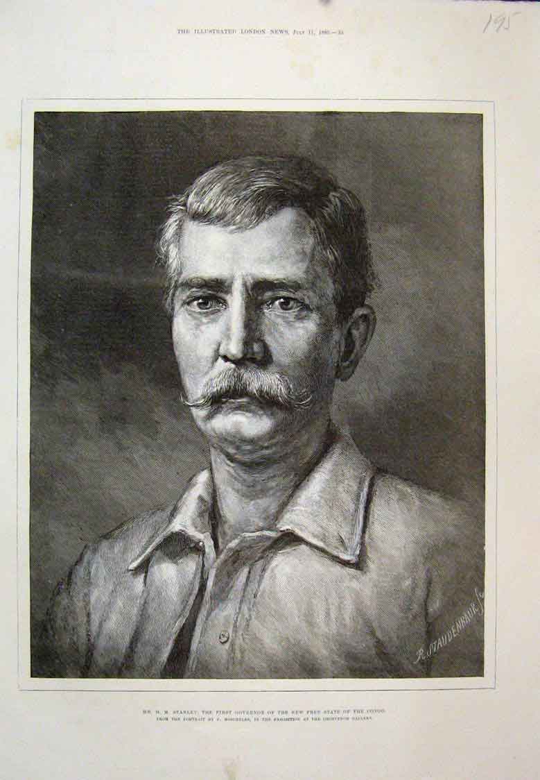 Original Old Antique Print H M Stanley1St Govenor Free State Congo 1885