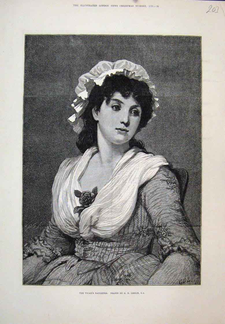 Original Old Antique Print The Vicars Daughter Girl Rose G D Leslie 1878 19th