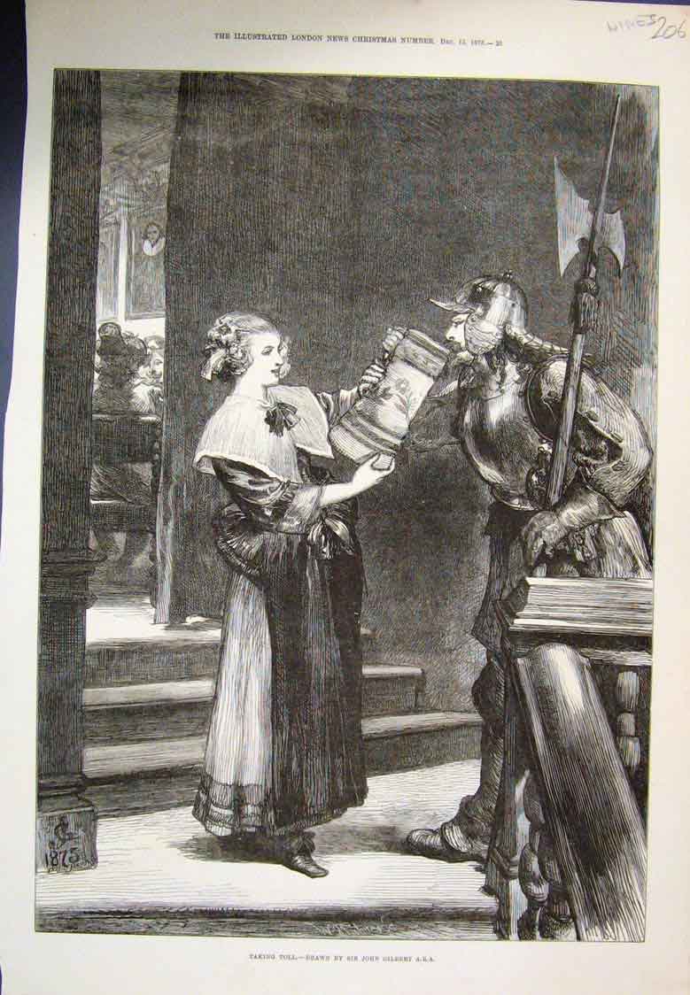 Original Old Antique Print Taking Toll Girl Guard Wine John Gilbert 1875 19th
