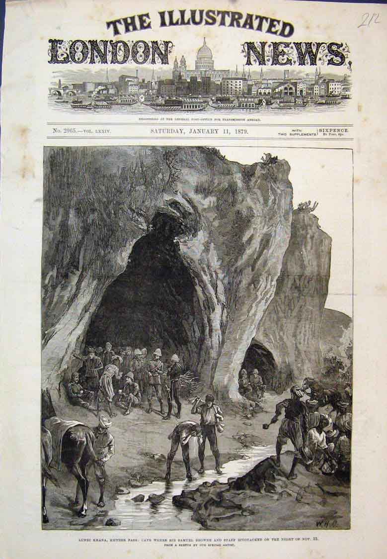 Original Old Antique Print Lundi Khana Kyber Pass Browne Bivouacked 1879 19th
