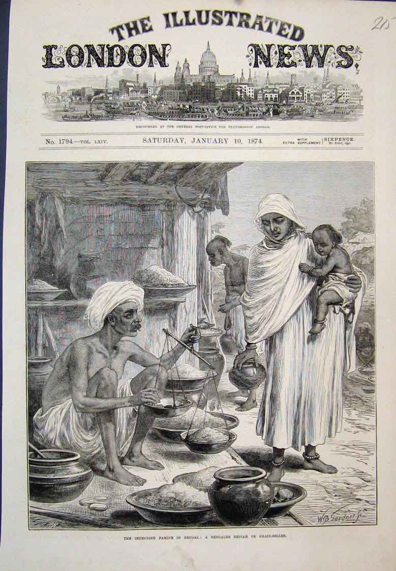 Original Old Antique Print Impending Famine Bengal Beniah Grain Seller 1874 19th