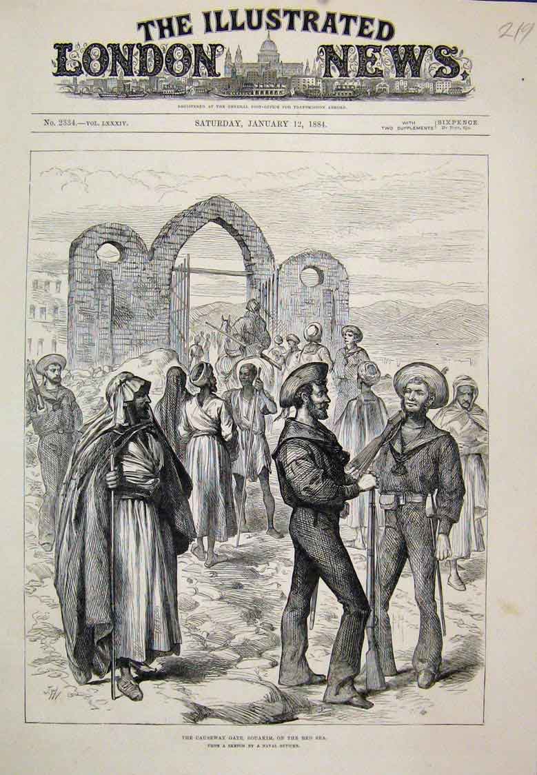 Original Old Antique Print Causeway Gate Souakim Red Sea Naval 1884 Victorian