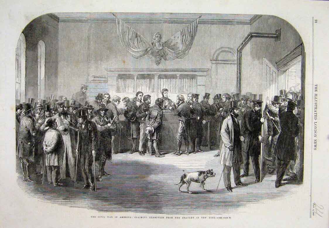 Original Old Antique Print Us Civil War Exemption From Draught New York 1863