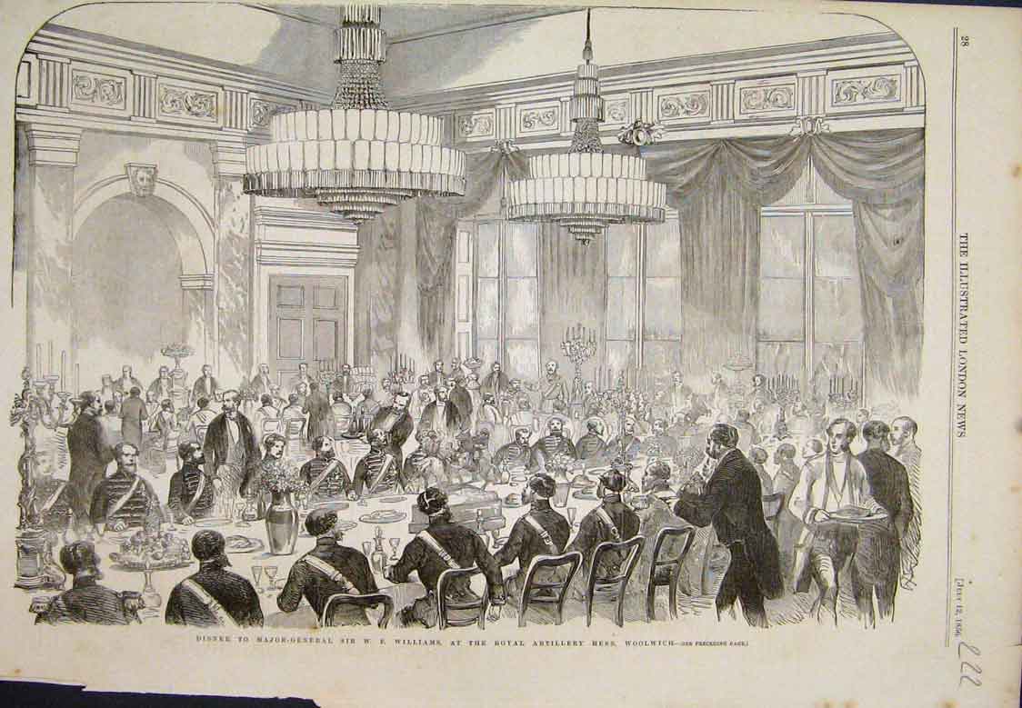 Original Old Antique Print Dinner Gen W F Williams Royal Mess Woolwich 1856 19th