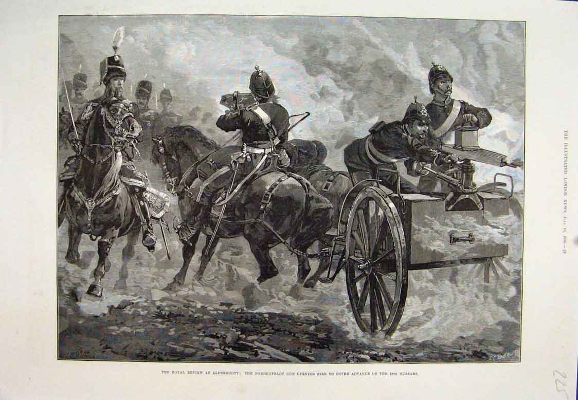 Original Old Antique Print Aldershot Nordenfeldt Gun 10Th Hussars 1886