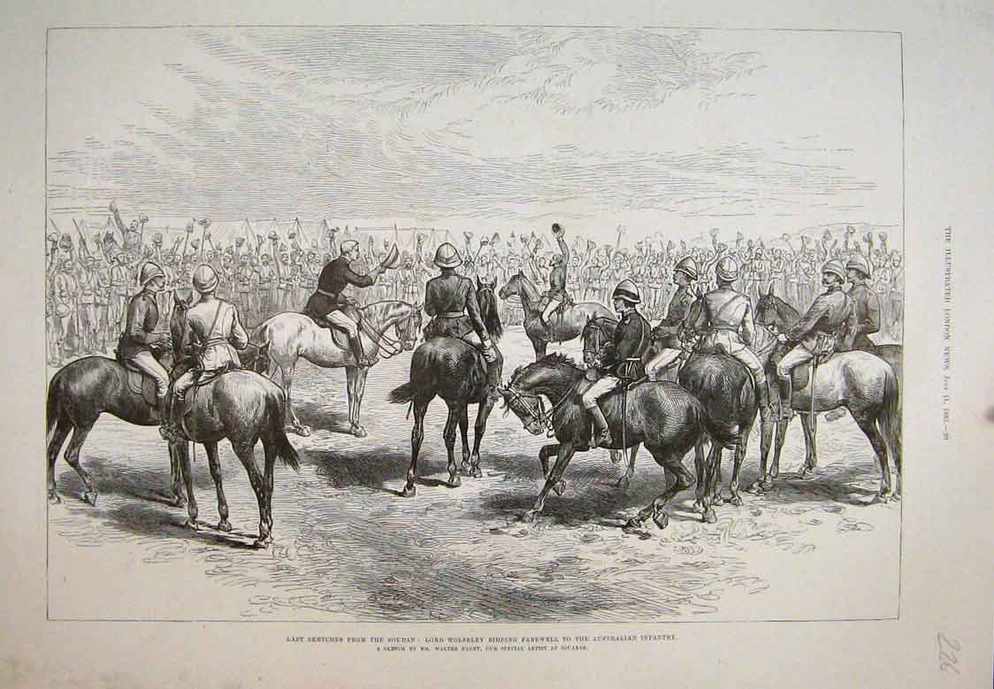 Old Antique Print Lord Wolseley Bidding Farewell Australian Infantry 1885 19th