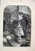 Original Old Antique Print Girl Going To Carriage Outside Waiting 1878 Victorian