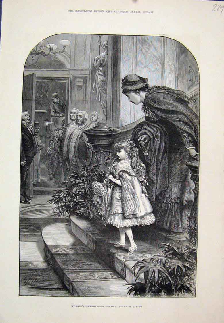 Original Old Antique Print Girl Going To Carriage Outside Waiting 1878 Victorian