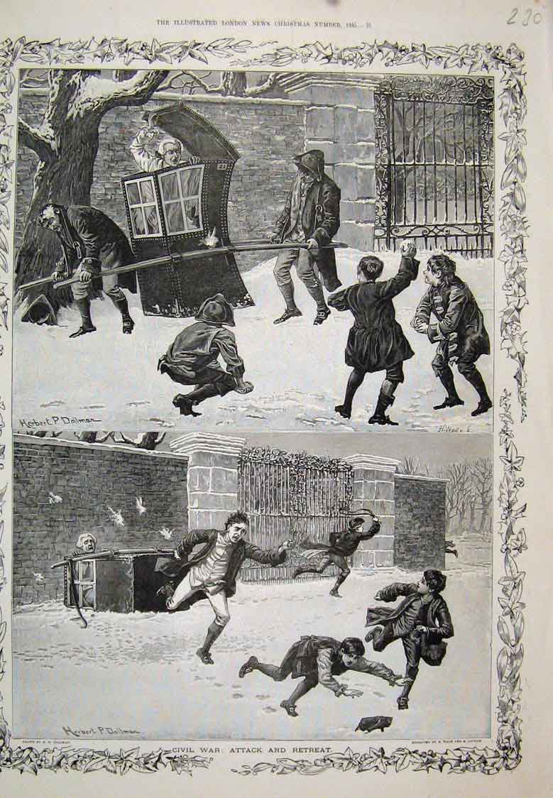 Old Antique Print Comedy Civil War With Snow Boys Snowball Carriage 1885 19th