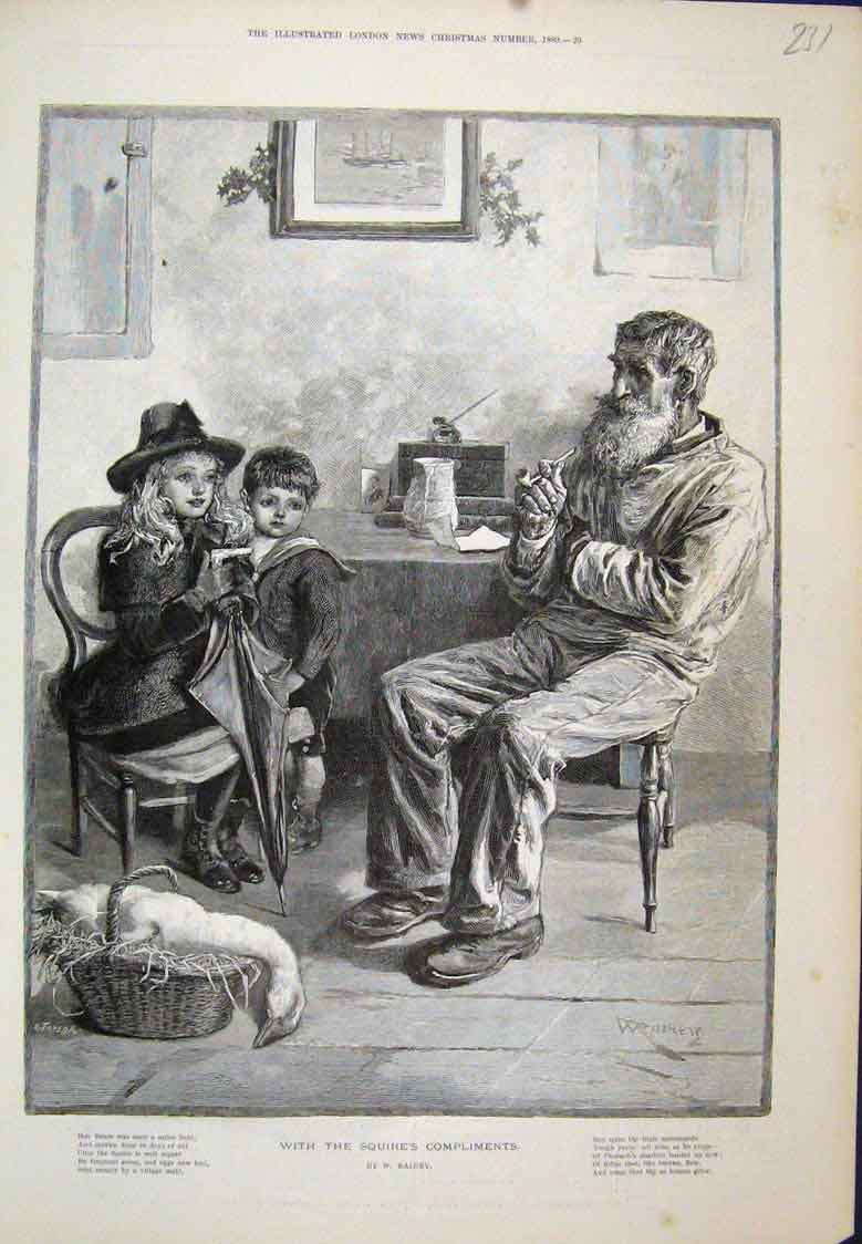 Original Old Antique Print Goose Present From Squire Boy Girl Rainey
