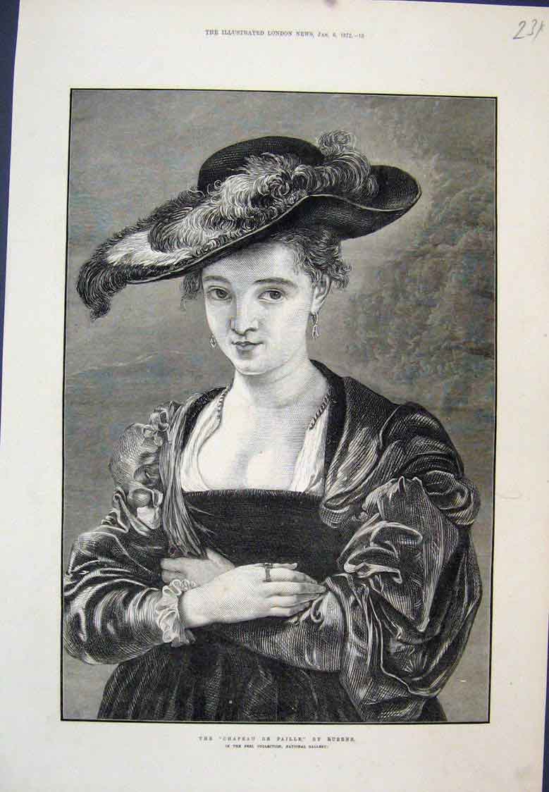 Original Old Antique Print The Chapeau De Paille By Rubens Lady 1872 Victorian