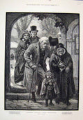 Original Old Antique Print Christmas MorningGeneration Family Church 1883