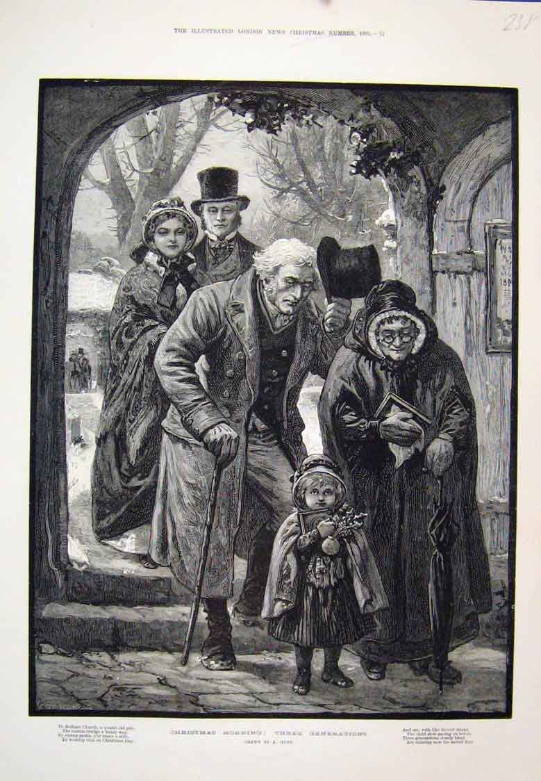 Original Old Antique Print Christmas MorningGeneration Family Church 1883