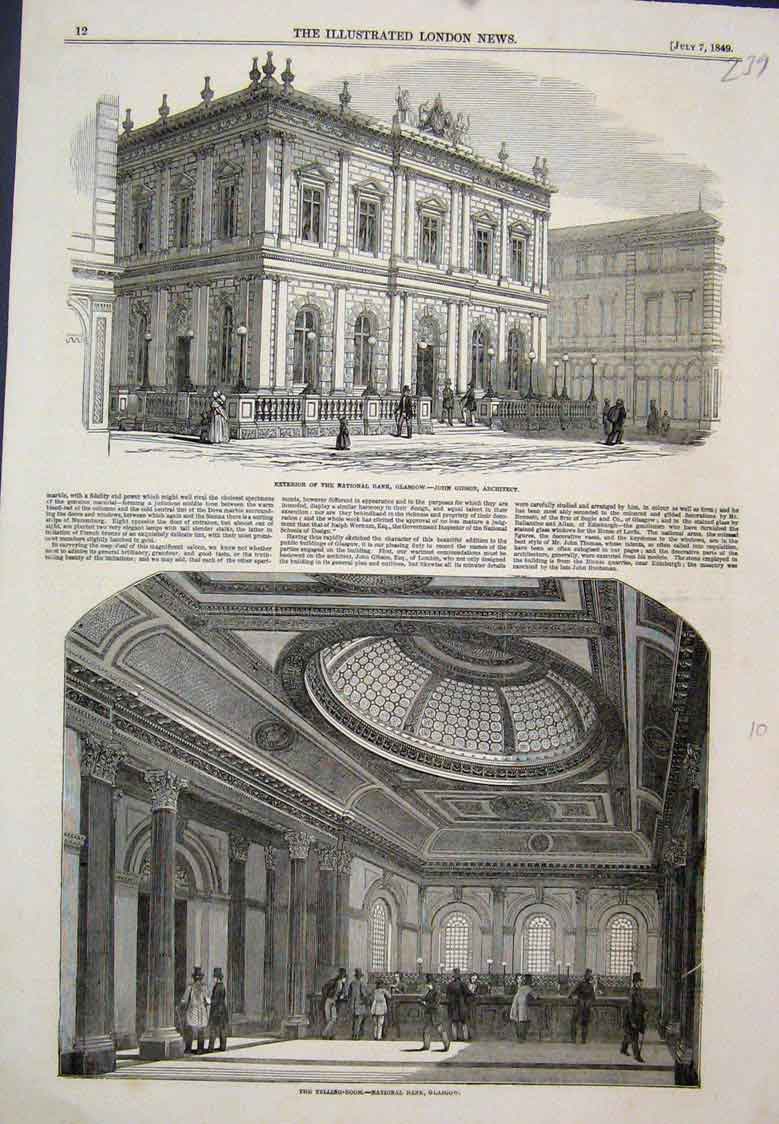 Original Old Antique Print National Bank Glasgow John Gibson Architect 1849 19th