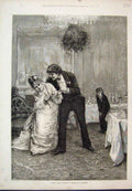 Original Old Antique Print Cousin Charlie Flirting Boy Laugh Barnard 1875 19th