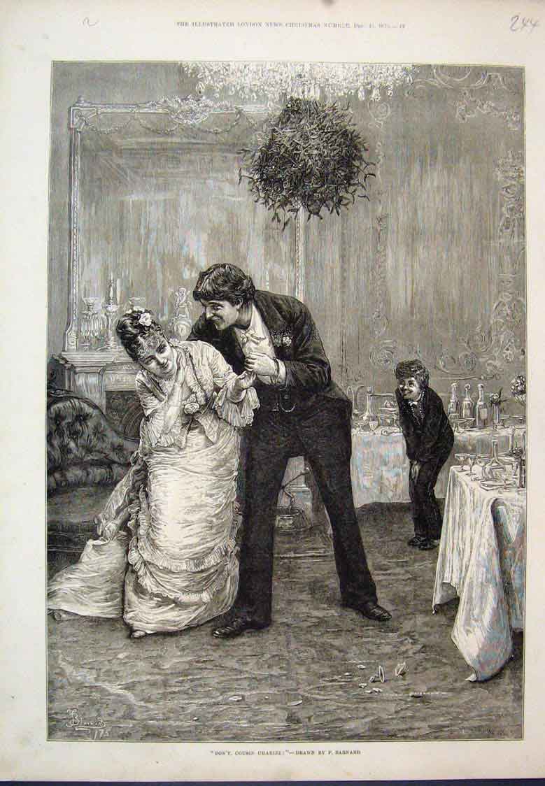Original Old Antique Print Cousin Charlie Flirting Boy Laugh Barnard 1875 19th