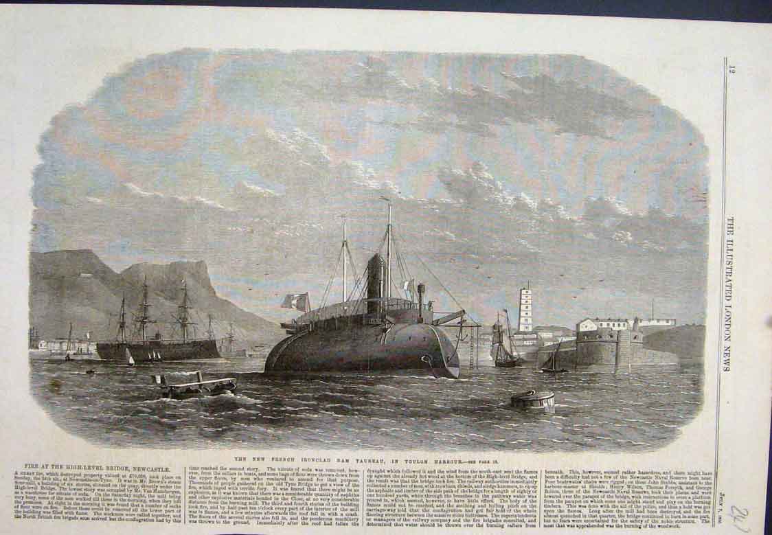 Original Old Antique Print French Iron Clad Ram Taurean Toulon 1866 Victorian
