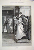 Original Old Antique Print Caught Kissing Under Mistletoe Girls 1890 Victorian