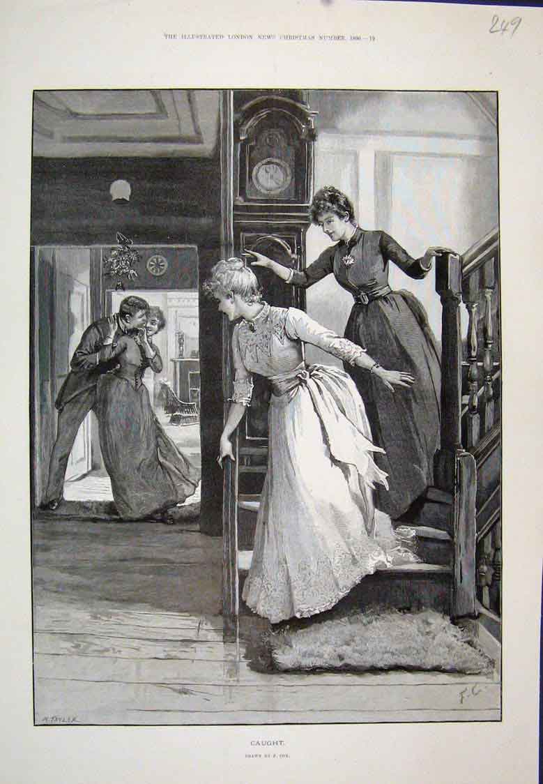 Original Old Antique Print Caught Kissing Under Mistletoe Girls 1890 Victorian