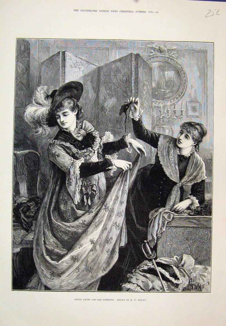 Original Old Antique Print Young Faces Fashion Dressing Up Girls 1878 Victorian
