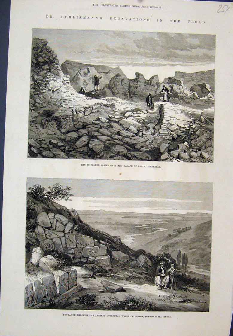 Original Old Antique Print Scaean Gate Priam Hissarlik Wall Gergis Troad1878