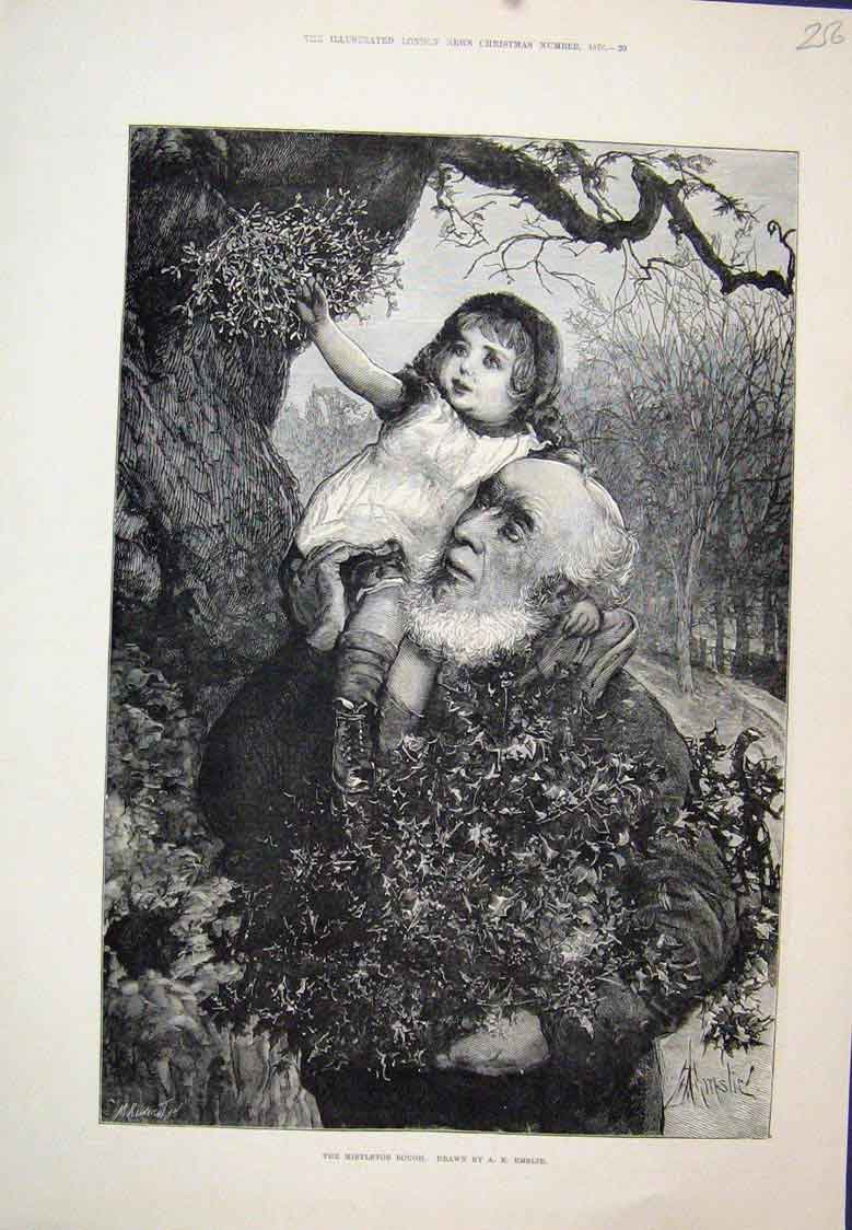 Original Old Antique Print Mistletoe Bough Grandfather Girl Emslie 1878 19th