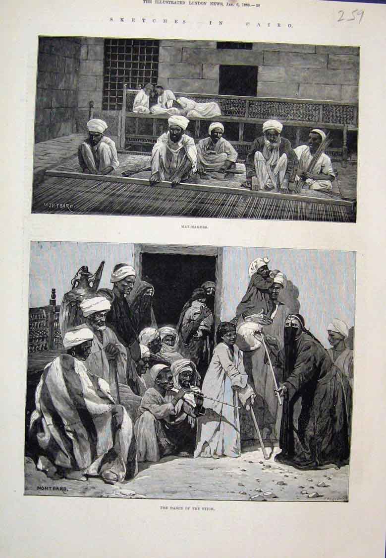 Original Old Antique Print Mat Makers Dance The Stick Cairo 1883 19th