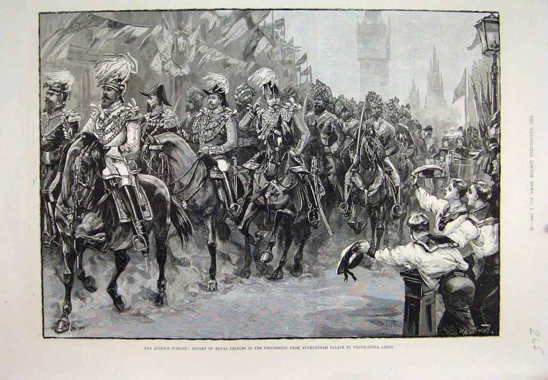 Original Old Antique Print Queens Jubilee Royal Princes Palace To Abbey 1887
