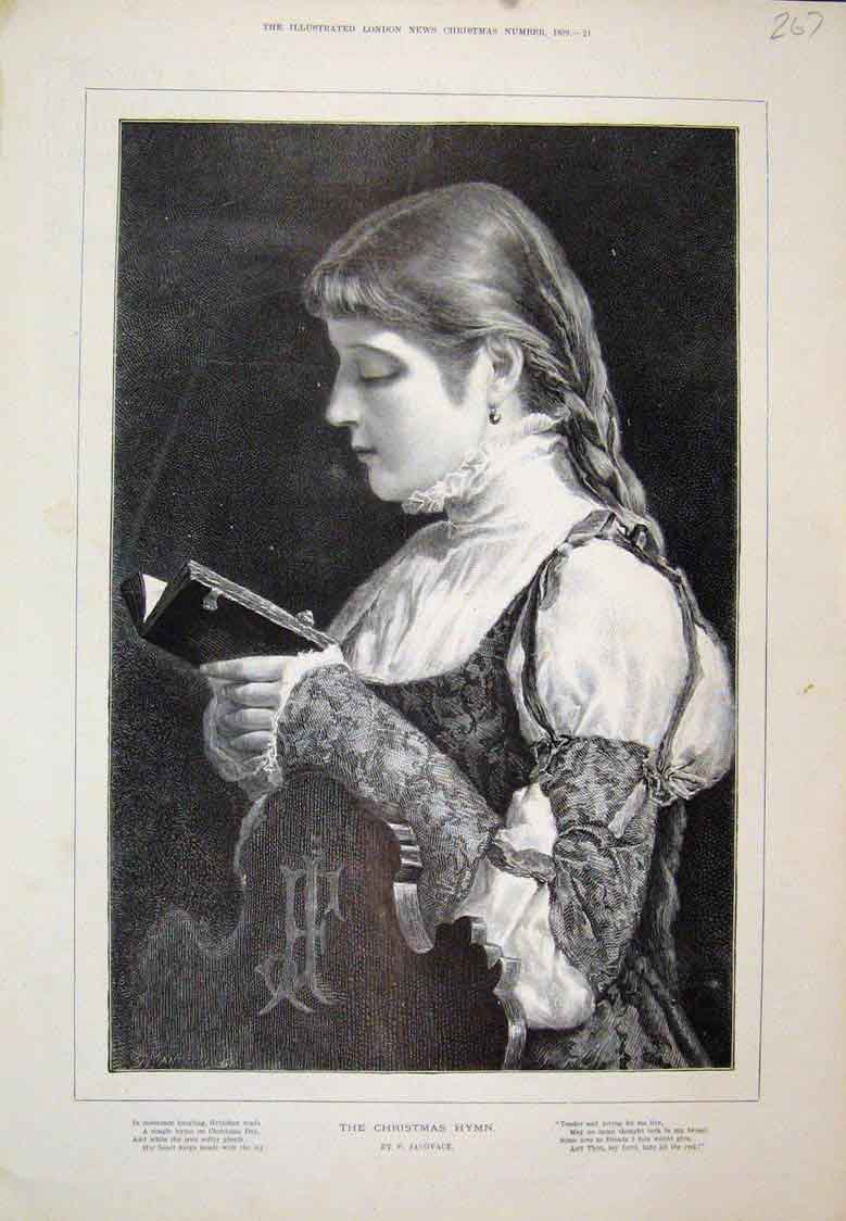 Original Old Antique Print The Christmas Hymn Young Girl Bible Jacovace 1889