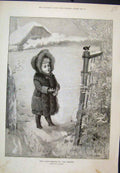 Original Old Antique Print Seasons Compliments Child Feeding Bird Snow 1892 19th