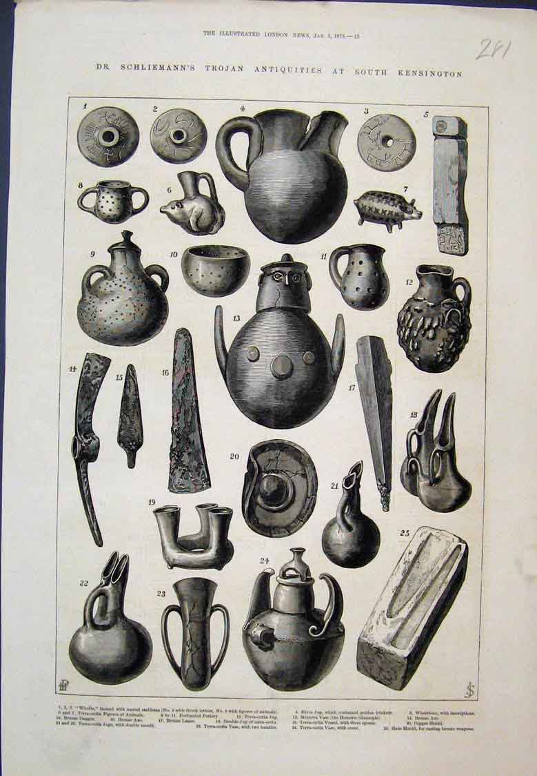 Original Old Antique Print Dr Schliemanns Trojan Antiquities Vessels 1878 19th