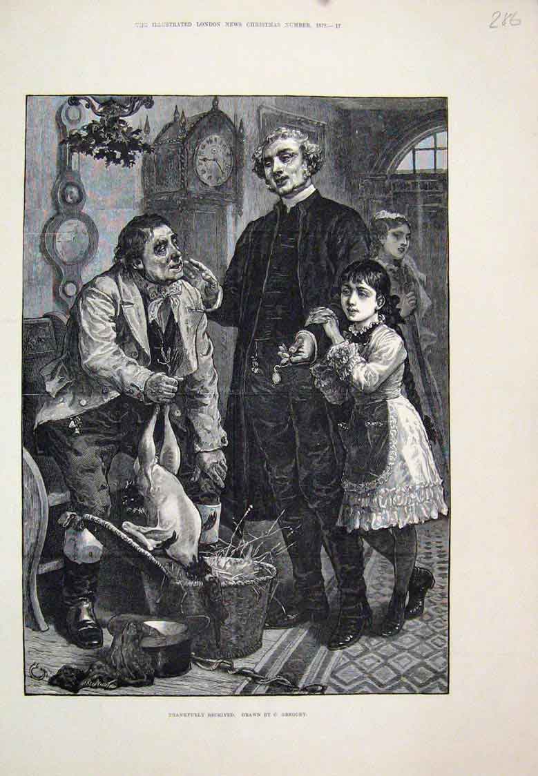 Original Old Antique Print Christmas Bird Thankfully Received Girl Farmer 1878