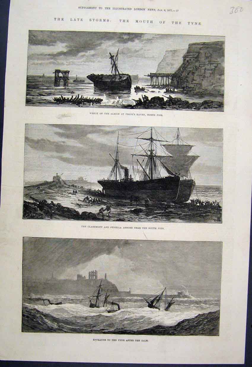 Original Old Antique Print Storms On The Tyne Shipwrecks 1877 Fine Art Victorian