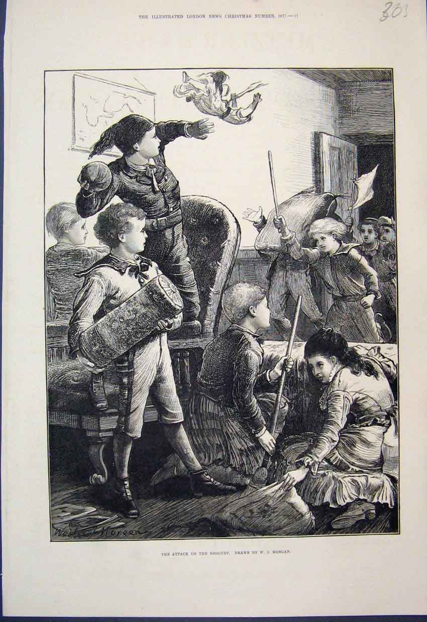 Original Old Antique Print Attack On Redoubt Children Playing 1877 Fine Art 19th
