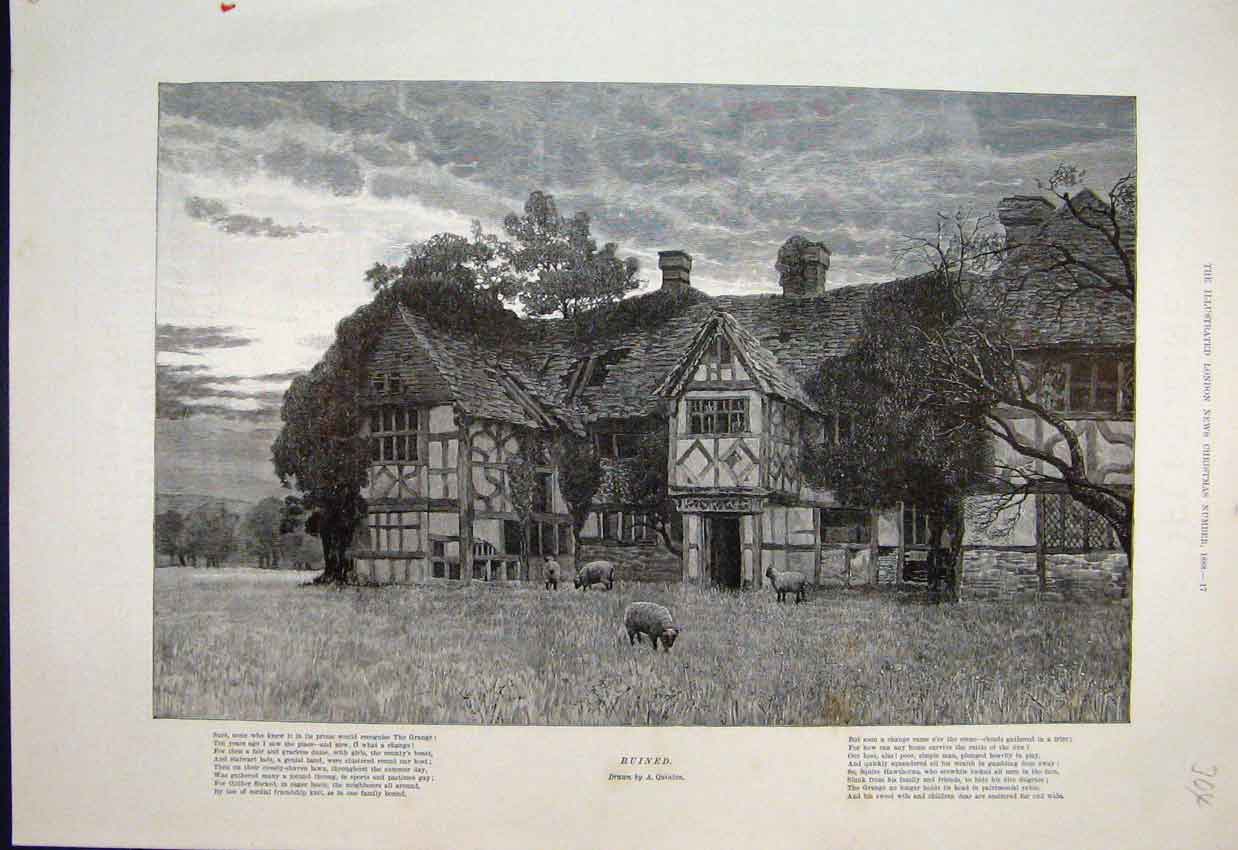 Original Old Antique Print Ruined Cottage Sheep Grazing Quinton 1888 Fine Art