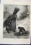 Original Old Antique Print Woman Children Gathering Wood Frere Fine Art 1876