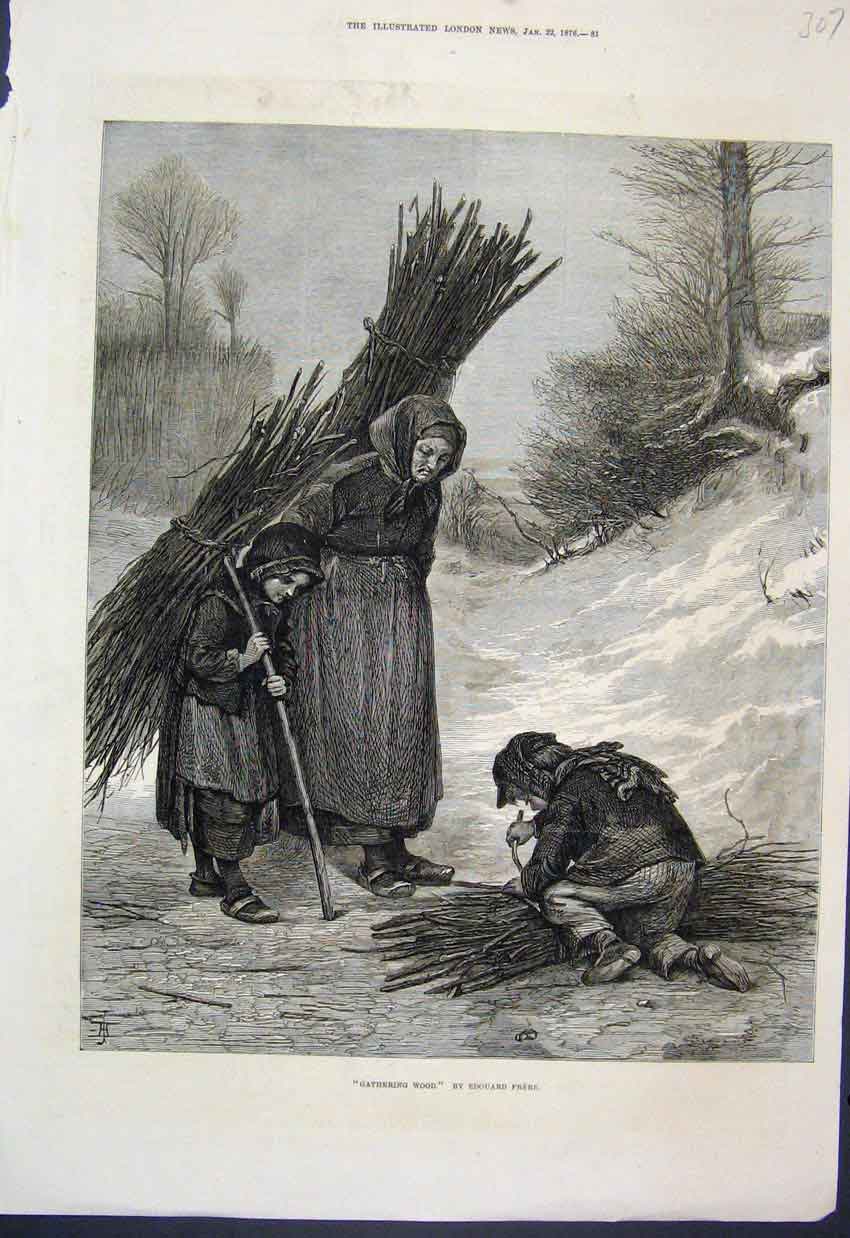 Original Old Antique Print Woman Children Gathering Wood Frere Fine Art 1876