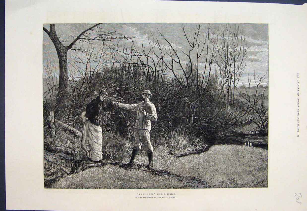 Original Old Antique Print Man Helping Short Cut J R Ashto 1876 Fine Art 19th